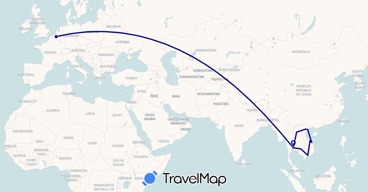 TravelMap itinerary: driving in Belgium, Cambodia, Laos, Thailand, Vietnam (Asia, Europe)